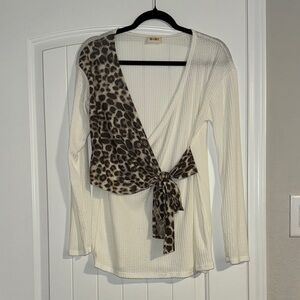 BiBi Cream and Leopard Print Wrap Blouse
